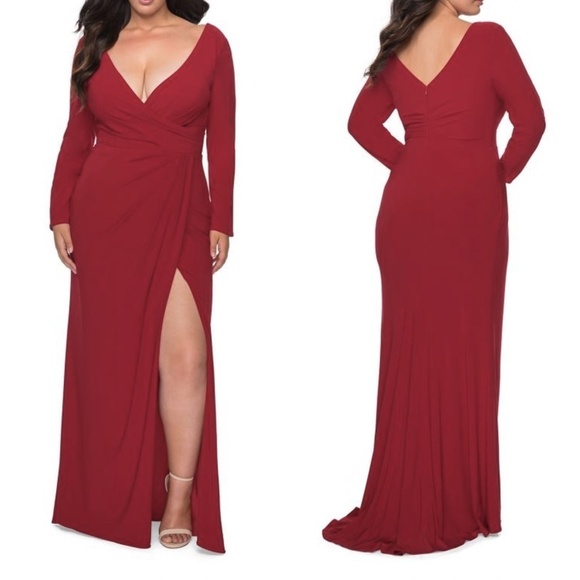 NWT La Femme 29044 Red Long Dress Faux Wrap Gown Sz. 18 - Picture 1 of 3